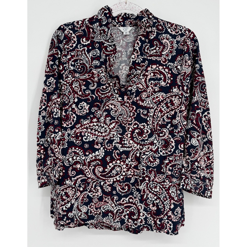 Crown & Ivy Petite Navy Burgundy Paisley Ruffle Split Neck 3/4 Tunic Sz PM